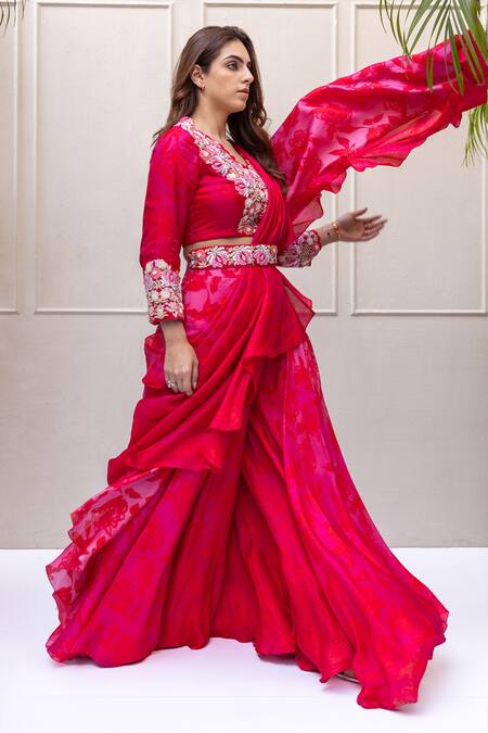 Buy_Koashee By Shubitaa_Red Silk Sequins, Beads Floral Print Pre-draped Ruffle Pant Saree With Blouse _Online_at_Aza_Fashions