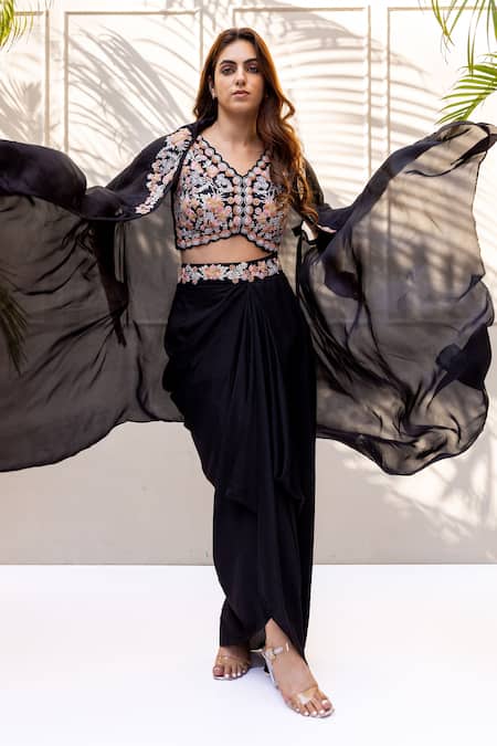 Koashee By Shubitaa Thread Floral Embroidered Cape Draped Skirt Set 