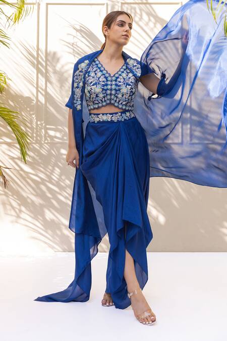 Buy_Koashee By Shubitaa_Blue Silk Embroidery V-neck Cape Draped Skirt Set _Online_at_Aza_Fashions