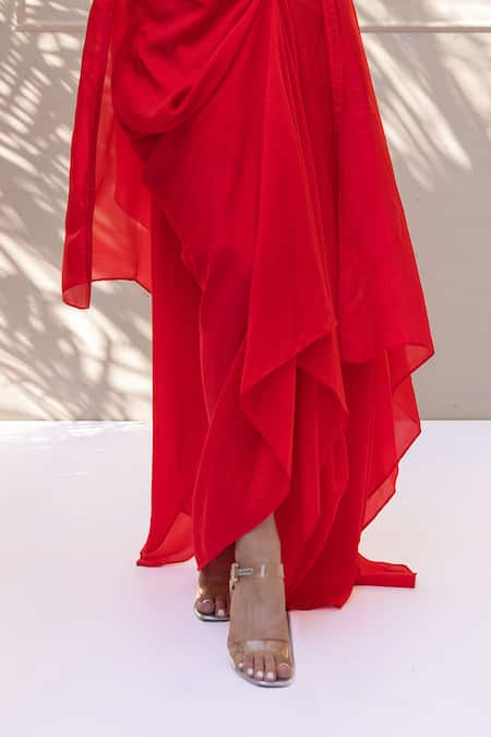 Koashee By Shubitaa Red Silk Sequins, Beads V-neck Embroidered Cape Draped Skirt Set Online at Aza Fashions Koashee By Shubitaa_Red Silk Sequins, Beads V-neck Embroidered Cape Draped Skirt Set _Online_at_Aza_Fashions