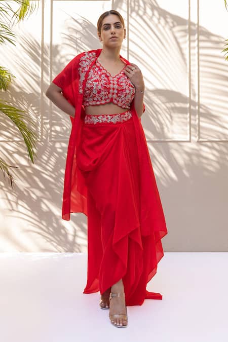 Buy Koashee By Shubitaa Red Silk Sequins, Beads V-neck Embroidered Cape Draped Skirt Set Online at Aza Fashions Buy_Koashee By Shubitaa_Red Silk Sequins, Beads V-neck Embroidered Cape Draped Skirt Set _Online_at_Aza_Fashions