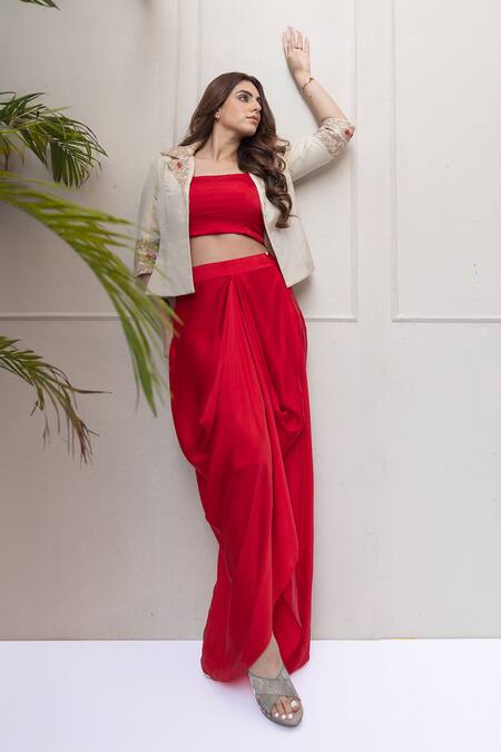 Koashee By Shubitaa_Beige Shimmer Tissue Embroidered Thread Jacket Lapel Floral Solid Skirt Set _Online_at_Aza_Fashions