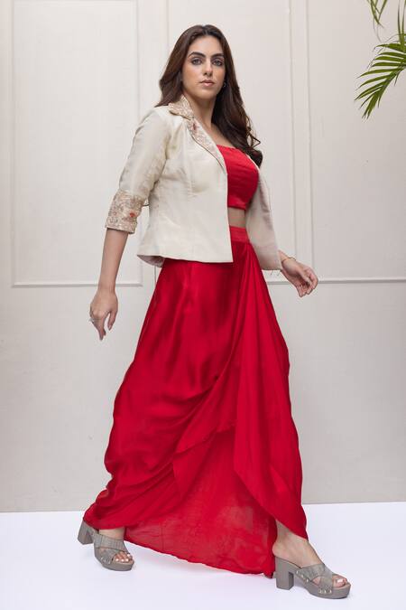 Shop_Koashee By Shubitaa_Beige Shimmer Tissue Embroidered Thread Jacket Lapel Floral Solid Skirt Set _Online_at_Aza_Fashions