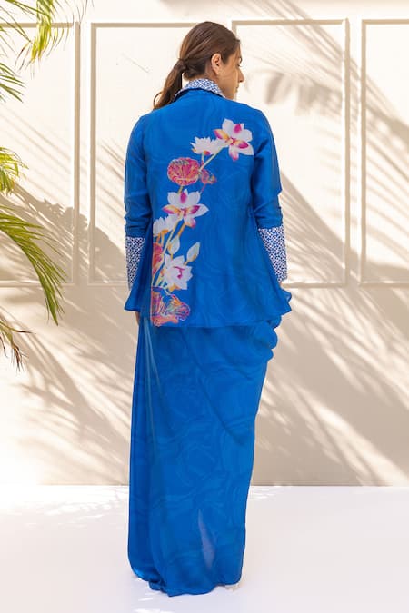 Koashee By Shubitaa Printed Embellished Asymmetric Jacket Draped Skirt Set 