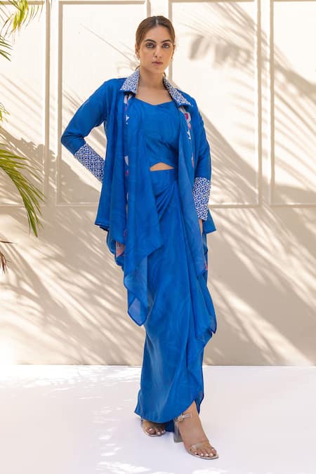 Koashee By Shubitaa_Blue Silk, Brocade Printed Embellished Asymmetric Jacket Draped Skirt Set _Online_at_Aza_Fashions