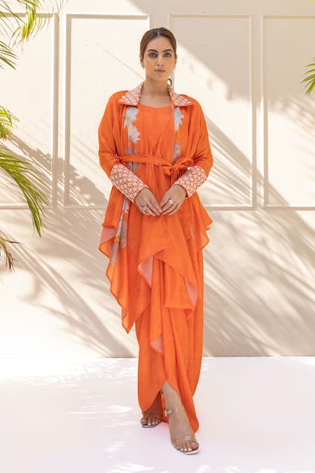 Koashee by Shubitaa Orange Bemberg Silk Embroidered Embellished Printed Asymmetric Draped Skirt Set 