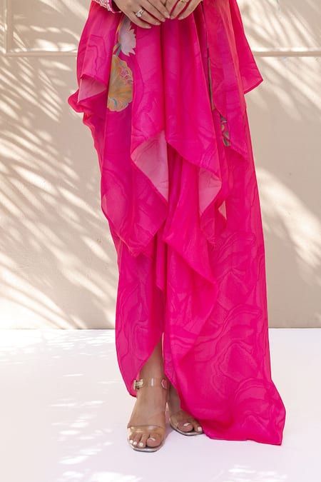 Koashee By Shubitaa_Pink Silk Sequins, Embroidery Blossom Print Asymmetric Jacket Draped Skirt Set _Online_at_Aza_Fashions