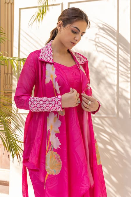 Buy_Koashee By Shubitaa_Pink Silk Sequins, Embroidery Blossom Print Asymmetric Jacket Draped Skirt Set _Online_at_Aza_Fashions