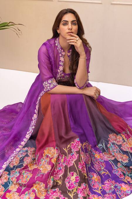 Koashee By Shubitaa_Multi Color Brocade Beads, Sequins Thread Embroidered Cape Printed Lehenga Set _Online_at_Aza_Fashions