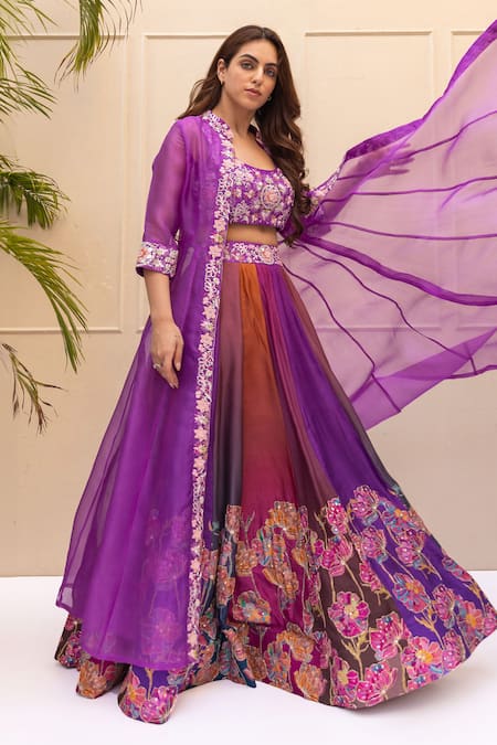 Shop_Koashee By Shubitaa_Multi Color Brocade Beads, Sequins Thread Embroidered Cape Printed Lehenga Set _Online_at_Aza_Fashions