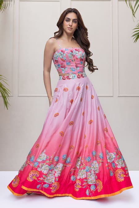 Koashee By Shubitaa Pink Silk Embroidery, Sequins, Beads Square Cape Blossom Print Ombre Lehenga Set Online at Aza Fashions Koashee By Shubitaa_Pink Silk Embroidery, Sequins, Beads Square Cape Blossom Print Ombre Lehenga Set _Online_at_Aza_Fashions