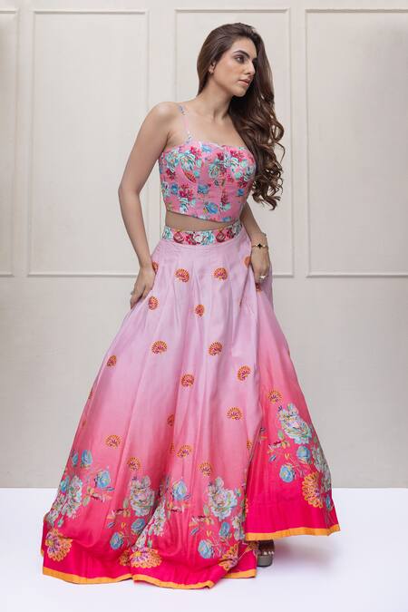 Buy Koashee By Shubitaa Pink Silk Embroidery, Sequins, Beads Square Cape Blossom Print Ombre Lehenga Set Online at Aza Fashions Buy_Koashee By Shubitaa_Pink Silk Embroidery, Sequins, Beads Square Cape Blossom Print Ombre Lehenga Set _Online_at_Aza_Fashions