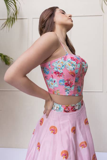 Shop Koashee By Shubitaa Pink Silk Embroidery, Sequins, Beads Square Cape Blossom Print Ombre Lehenga Set Online at Aza Fashions Shop_Koashee By Shubitaa_Pink Silk Embroidery, Sequins, Beads Square Cape Blossom Print Ombre Lehenga Set _Online_at_Aza_Fashions