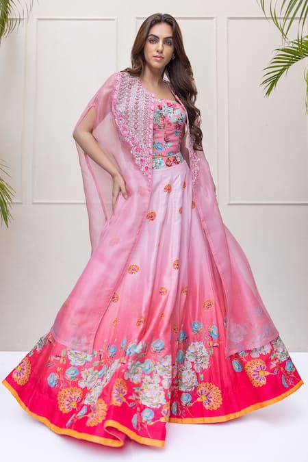 Koashee By Shubitaa Pink Silk Embroidery, Sequins, Beads Square Cape Blossom Print Ombre Lehenga Set at Aza Fashions Koashee By Shubitaa_Pink Silk Embroidery, Sequins, Beads Square Cape Blossom Print Ombre Lehenga Set _at_Aza_Fashions