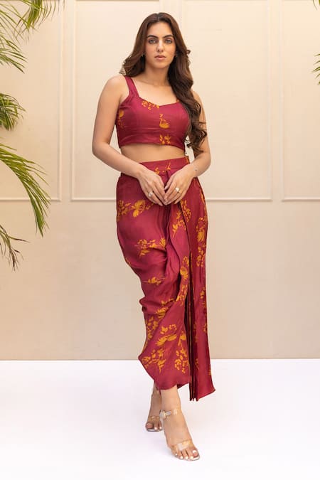 Koashee By Shubitaa_Maroon Bamboo, Silk Embroidery V-neck Blossom Print Draped Skirt Cape Set _Online_at_Aza_Fashions