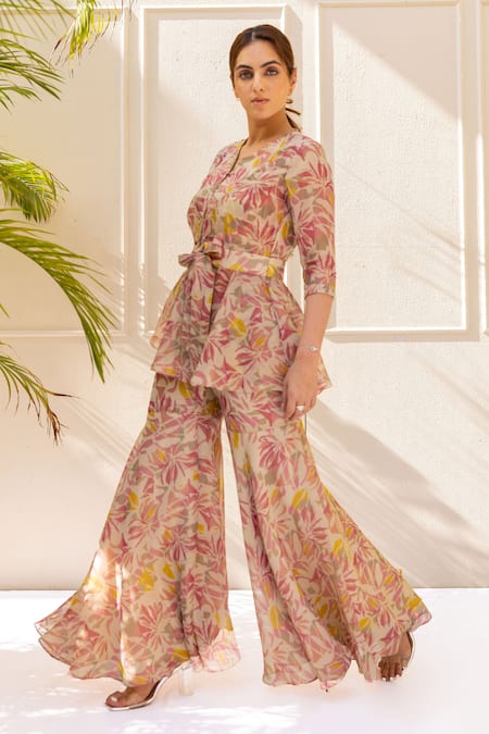 Koashee By Shubitaa Beige Tissue Round Neck Floral Print Peplum Jacket With Sharara Online at Aza Fashions Koashee By Shubitaa_Beige Tissue Round Neck Floral Print Peplum Jacket With Sharara _Online_at_Aza_Fashions