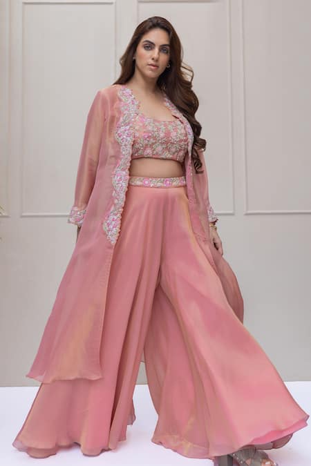 Koashee By Shubitaa_Pink Tissue, Silk Satin Embroidery, Sequins Round Neck Floral Cape Sharara Set _Online_at_Aza_Fashions