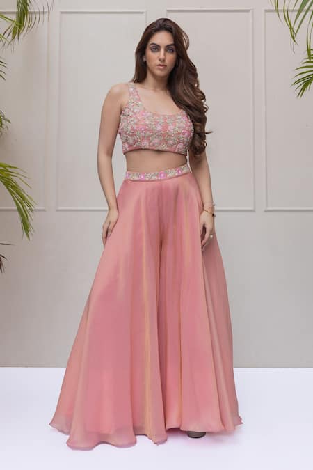 Buy_Koashee By Shubitaa_Pink Tissue, Silk Satin Embroidery, Sequins Round Neck Floral Cape Sharara Set _Online_at_Aza_Fashions