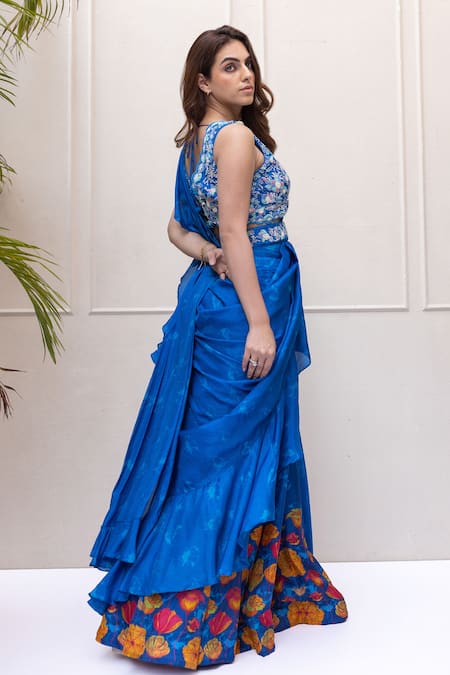 Koashee By Shubitaa Floral Print Pre-Draped Ruffle Saree With Blouse 