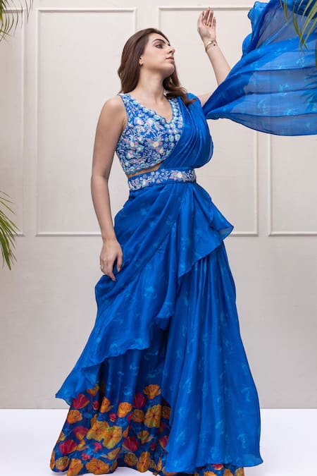Koashee By Shubitaa Blue Bamboo, Silk Sequins, Floral Print Pre-draped Ruffle Saree With Blouse Online at Aza Fashions Koashee By Shubitaa_Blue Bamboo, Silk Sequins, Floral Print Pre-draped Ruffle Saree With Blouse _Online_at_Aza_Fashions