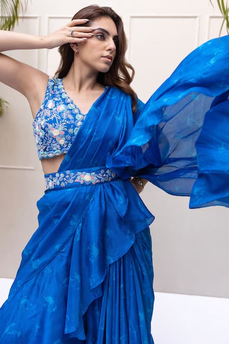 Buy Koashee By Shubitaa Blue Bamboo, Silk Sequins, Floral Print Pre-draped Ruffle Saree With Blouse Online at Aza Fashions Buy_Koashee By Shubitaa_Blue Bamboo, Silk Sequins, Floral Print Pre-draped Ruffle Saree With Blouse _Online_at_Aza_Fashions