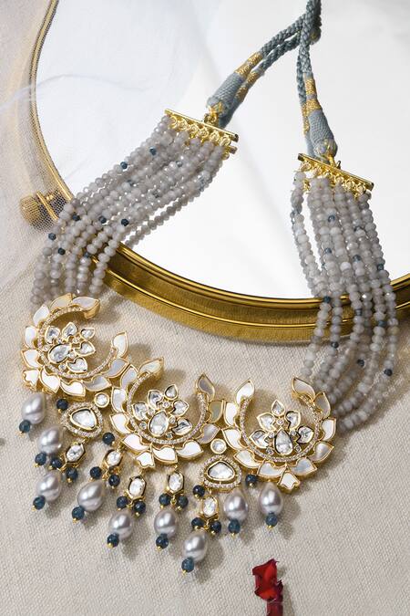 Shop Joules By Radhika Grey Stones, Beads Grandiose Carved Necklace Set at Aza Fashions Shop_Joules By Radhika_Grey Stones, Beads Grandiose Carved Necklace Set_at_Aza_Fashions