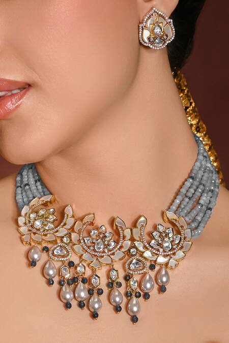 Joules By Radhika Grey Stones, Beads Grandiose Carved Necklace Set Online at Aza Fashions Joules By Radhika_Grey Stones, Beads Grandiose Carved Necklace Set_Online_at_Aza_Fashions