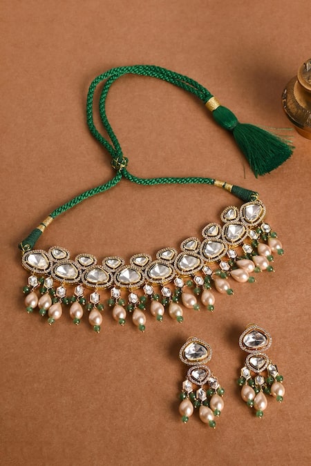 Shop Joules By Radhika Gold Plated Stones, Beads Geometric Embellished Choker Set at Aza Fashions Shop_Joules By Radhika_Gold Plated Stones, Beads Geometric Embellished Choker Set _at_Aza_Fashions