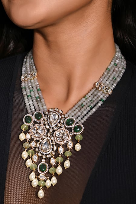 Joules By Radhika_Grey Stones, Beads Carved Tear Drop Pendant Necklace Set_Online_at_Aza_Fashions