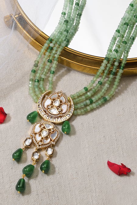 Shop Joules By Radhika Green Beads Carved Floret Cutwork Pendant Necklace Set at Aza Fashions Shop_Joules By Radhika_Green Beads Carved Floret Cutwork Pendant Necklace Set _at_Aza_Fashions