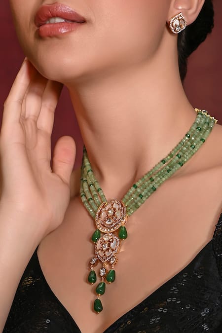 Joules By Radhika Green Beads Carved Floret Cutwork Pendant Necklace Set Online at Aza Fashions Joules By Radhika_Green Beads Carved Floret Cutwork Pendant Necklace Set _Online_at_Aza_Fashions