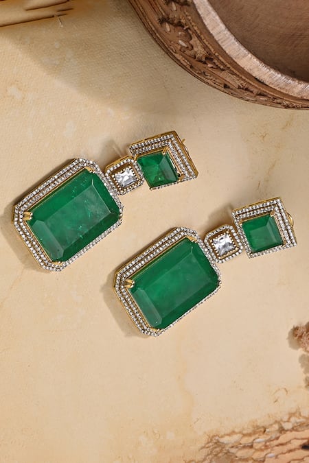 Shop Joules By Radhika Green Stones Glisterous Geometric Shaped Dangler Earrings at Aza Fashions Shop_Joules By Radhika_Green Stones Glisterous Geometric Shaped Dangler Earrings _at_Aza_Fashions
