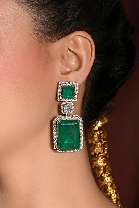 Joules By Radhika Green Stones Glisterous Geometric Shaped Dangler Earrings Online at Aza Fashions Joules By Radhika_Green Stones Glisterous Geometric Shaped Dangler Earrings _Online_at_Aza_Fashions