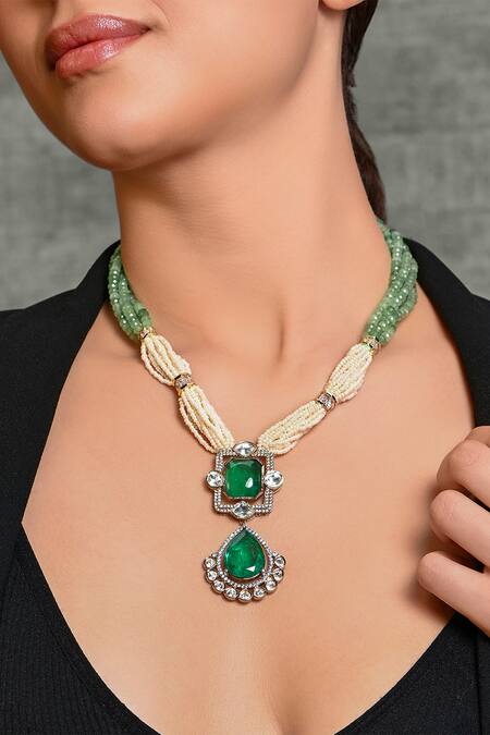 Joules by Radhika_Multi Color Alluring Tear Drop Carved Pendant Necklace_Online_at_Aza_Fashions