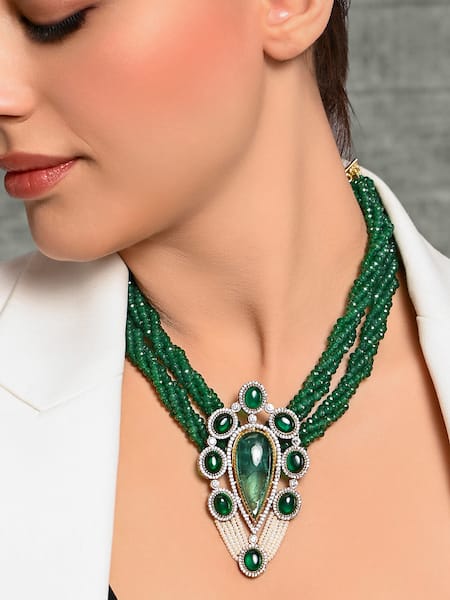 Joules by Radhika_Green Bead Embellished Pendant Necklace_Online_at_Aza_Fashions