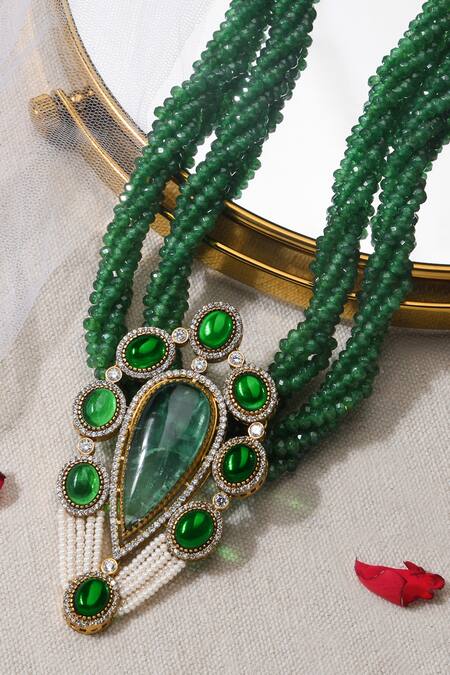 Joules by Radhika_Green Bead Embellished Pendant Necklace_at_Aza_Fashions