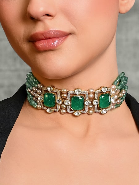 Joules By Radhika_Green Charismatic Bead Embellished Pendant Choker_Online_at_Aza_Fashions