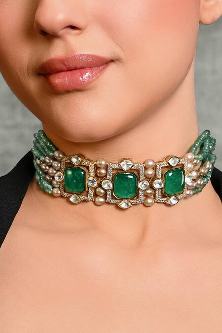 Buy_Joules By Radhika_Green Charismatic Bead Embellished Pendant Choker_Online_at_Aza_Fashions