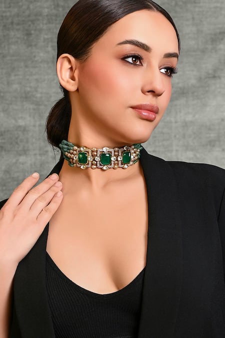 Shop_Joules By Radhika_Green Charismatic Bead Embellished Pendant Choker_Online_at_Aza_Fashions