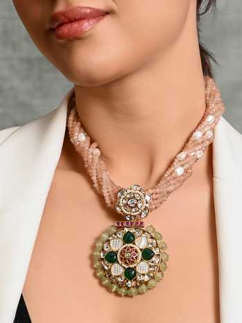 Joules by Radhika_Pink Poise Bead Embellished Pendant Necklace_Online_at_Aza_Fashions
