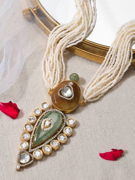 Shop Joules By Radhika Multi Color Tear Drop Carved Pendant Necklace at Aza Fashions Shop_Joules By Radhika_Multi Color Tear Drop Carved Pendant Necklace_at_Aza_Fashions