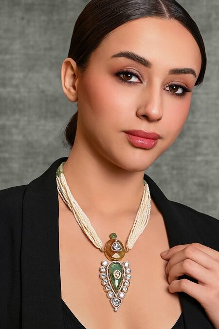 Shop Joules By Radhika Multi Color Tear Drop Carved Pendant Necklace Online at Aza Fashions Shop_Joules By Radhika_Multi Color Tear Drop Carved Pendant Necklace_Online_at_Aza_Fashions