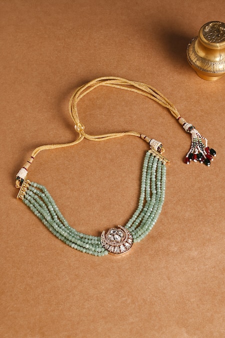 Shop Joules By Radhika Green Stones, Beads Half Moon Embellished Choker Necklace Set at Aza Fashions Shop_Joules By Radhika_Green Stones, Beads Half Moon Embellished Choker Necklace Set _at_Aza_Fashions