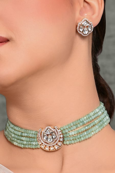 Joules By Radhika Green Stones, Beads Half Moon Embellished Choker Necklace Set Online at Aza Fashions Joules By Radhika_Green Stones, Beads Half Moon Embellished Choker Necklace Set _Online_at_Aza_Fashions