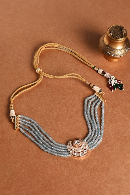 Shop Joules By Radhika Blue Stones, Pearls Half Moon And Embellished Choker Necklace Set at Aza Fashions Shop_Joules By Radhika_Blue Stones, Pearls Half Moon And Embellished Choker Necklace Set _at_Aza_Fashions