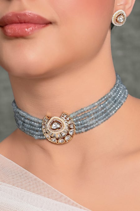 Joules By Radhika Blue Stones, Pearls Half Moon And Embellished Choker Necklace Set Online at Aza Fashions Joules By Radhika_Blue Stones, Pearls Half Moon And Embellished Choker Necklace Set _Online_at_Aza_Fashions