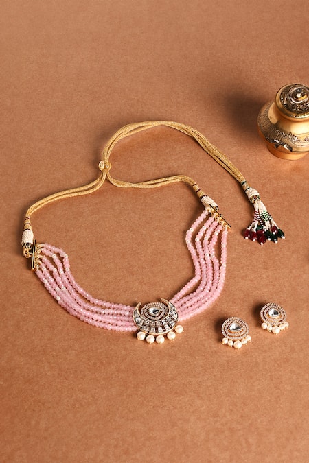 Shop Joules By Radhika Pink Stones, Pearls Half Moon Motif Embellished Choker Necklace Set at Aza Fashions Shop_Joules By Radhika_Pink Stones, Pearls Half Moon Motif Embellished Choker Necklace Set _at_Aza_Fashions