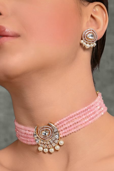 Joules By Radhika Pink Stones, Pearls Half Moon Motif Embellished Choker Necklace Set Online at Aza Fashions Joules By Radhika_Pink Stones, Pearls Half Moon Motif Embellished Choker Necklace Set _Online_at_Aza_Fashions