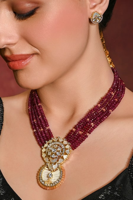 Joules By Radhika Red Stones, Pearls And Bead Embellished Pendant Necklace Set Online at Aza Fashions Joules By Radhika_Red Stones, Pearls And Bead Embellished Pendant Necklace Set _Online_at_Aza_Fashions