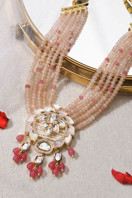 Shop Joules By Radhika Pink Stones, Beads And Embellished Necklace Set at Aza Fashions Shop_Joules By Radhika_Pink Stones, Beads And Embellished Necklace Set _at_Aza_Fashions